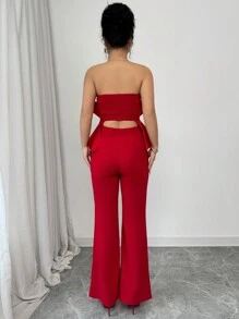 Elenzga 女士 2 件套：3D 荷叶边细肩带短款上衣 + 高腰喇叭裤，适合法国派对、复活节、情人节、中国新年等场合穿着