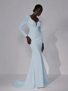 Elitara 优雅奢华浪漫白色性感露背 V 领弹力针织长袖鱼尾超长连衣裙，配有超长拖尾，适合婚礼、单身派对、度假、舞会、新娘礼服 - 淺藍色 - 查看 4