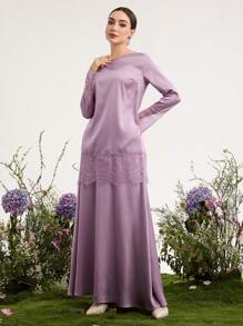 Graceveil Women's Solid Color Contrast Lace Long Sleeve Top And Mini Skirt Arabic Style Set - Purple - View 7