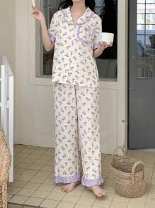 SHEIN Teen Girl Minimalist Tulip Flower Print Lapel Pocket Short Sleeve Ruffle Detail Casual Long Pants 2pcs Pajama Set Pj Sets For Teen Pjs Set Pj Sets For Teens Pj Set For Teen Pajama Sets - Purple - View 5