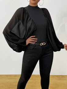 Chiquease Nouvelle blouse française de style dame élégante, sexy, semi-transparente à manches chauve-souris. Chemise en chiffon noir