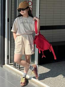 DAZY 2pcs/Set Tween Girls Casual Round Neck Short Sleeve Top And Shorts Set,Girls Summer Outfits,Back To School Clothes - Beige - View 6