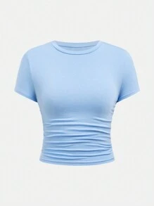 SHEIN Girlism 2pcs/Set Teen Girl Solid Color Casual Ruched T-Shirt And Low Waist Flared Pants Set Holiday Outfits - Blue - View 5