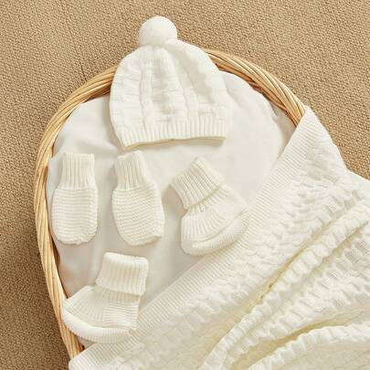 Cozy Pixies Set de 4 piezas de manta de arrullo tejida blanca para bebé recién nacido (Incluye manoplas, gorro, botitas y manta)