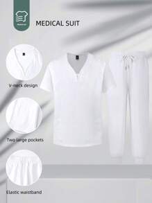 Manfinity Homme Men's Plain Color Short Sleeve Top And Long Pants Medical Care Outfit Set - White - View 7