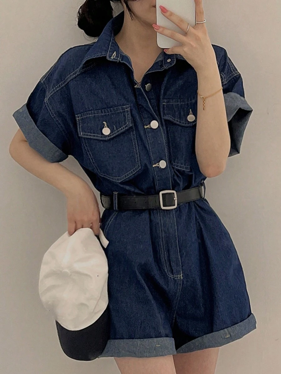 DAZY 女士休闲前扣短袖口袋牛仔连体裤