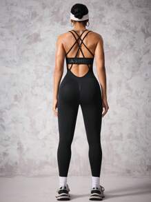 Easithlete Women's Solid Color Hollow Out Minimalist Slim Fit Casual Sports Jumpsuit - Black - View 3