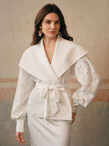 Anewsta V-Neck Wrap Waist Long Sleeve Modest Elegant Jacket - White - View 3