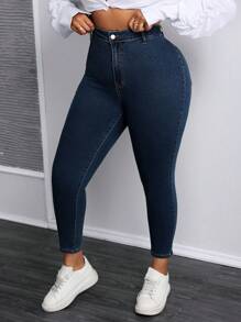 SHEIN CURVE+ 加大码牛仔女郎蓝色弹力性感紧身七分牛仔裤，春季女装 - 深色水洗藍 - 查看 3
