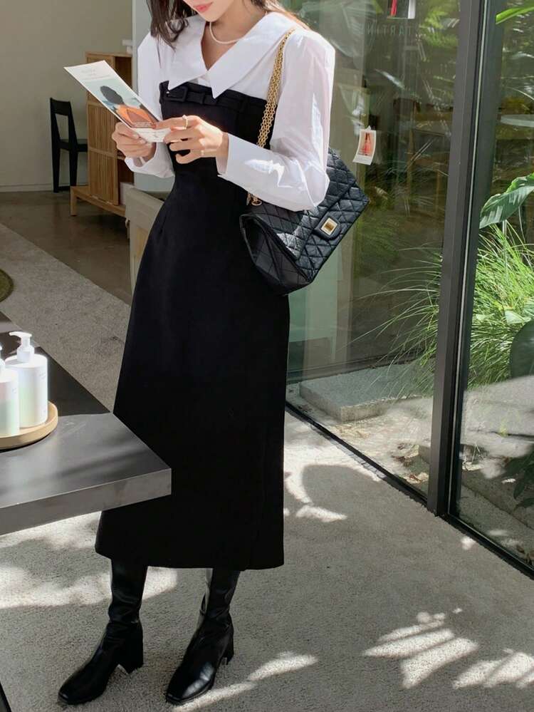 Women Midi Dress With Contrast Splice, Slim Fit, Elegant Long Sleeve, Spring/Autumn