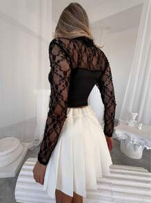 Aloruh Sexy Modern Long Sleeve Lace Patchwork Women T-Shirt For Going Out, Valentines Day
