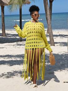 Slaydiva New 2025 Curve Fashionable Casual Women Autumn New Long Sleeve Knitted Hollow Tassels Round Neck Sweater Spring/Summer