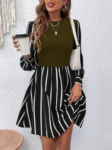 SHEIN LUNE Robe casual femme à col rond rayée à manches longues avec faux 2 pièces - Vert - Voir 4