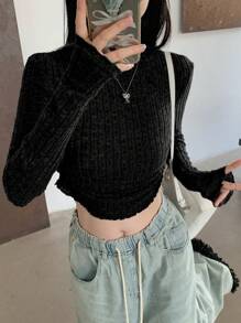 DAZY 女士立领羊毛面料修身长袖T恤，秋季服装 - 黑色 - 查看 3