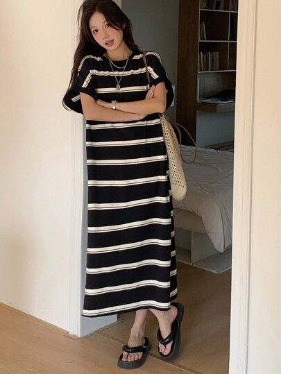 DAZY 女式休闲宽松撞色条纹中长连衣裙夏季太阳裙