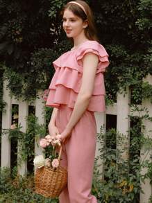 SHEIN Teen Girls 2pcs Sets Light Pink,Summer,Party Outfit,Ruffle Trim Blouse And Wide Leg Pants,Crinkle Texture Linen-Look Princess Holiday Wedding Style - Pink - View 4