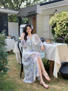 DAZY Đầm midi chiffon in hoa cho nữ, đầm tay dài mùa thu, trang phục đi nghỉ mát, lễ Phục sinh, phong cách boho. - Màu tím - Xem 8