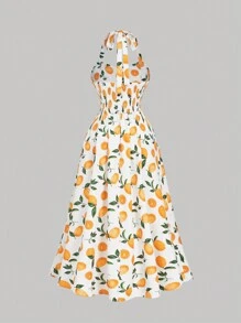 SHEIN MOD Đầm chữ A in họa tiết quả chanh cỡ lớn cho nữ mùa hè cổ yếm màu vàng - Nhiều màu - Xem 2