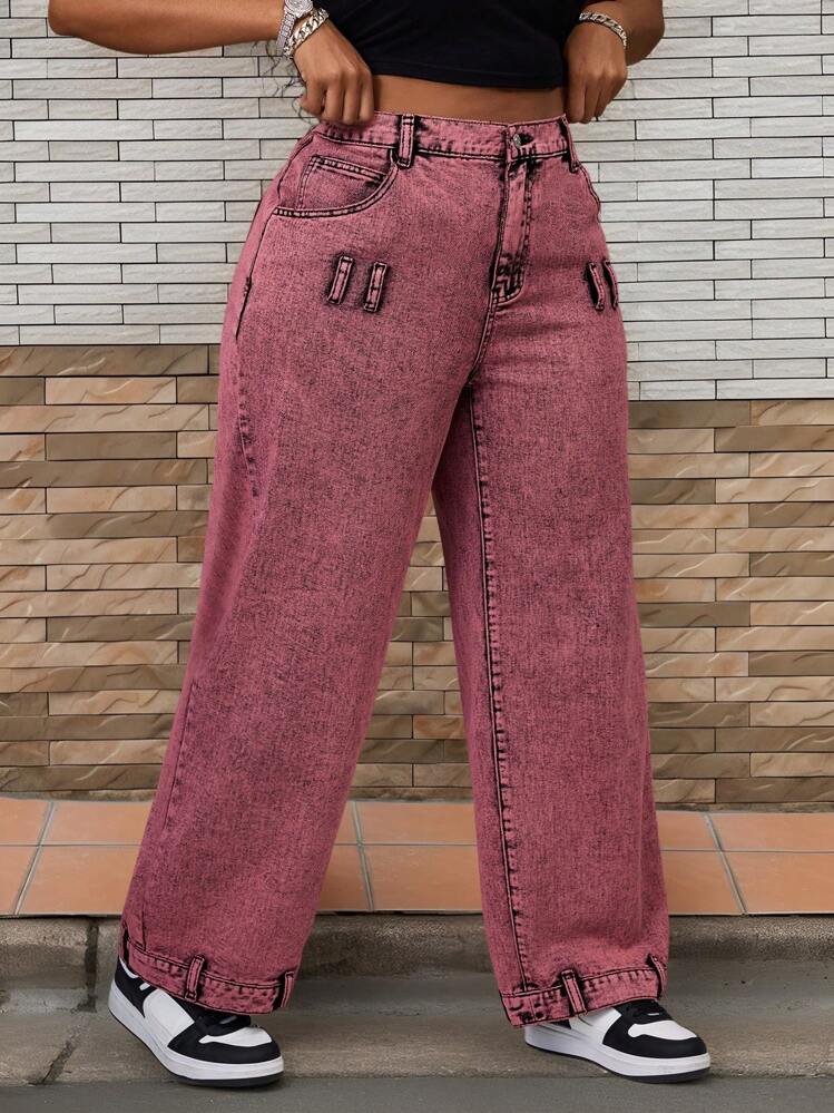 SHEIN SXY Plus Size Women Straight Leg Non-Stretch Jeans With Special Denim Washing And Dyeing - Pink - View 5
