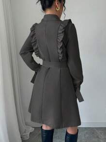 Elenzga Double Breasted Cinched Waist Princess Seam Fitted Metal Button Ruffle Trim Trench Coat - Dark Grey - View 2