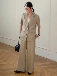 DAZY Classic Solid Color Loose Fit Short Sleeve Jacket And Wide Leg Pants Women Suit Set, Spring/Summer Linen Business Attire - Khaki - View 6