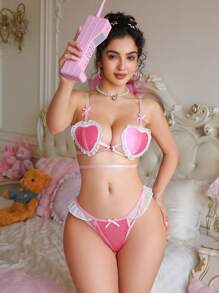 PetitDoll Set de 2 piezas de lencería sexy con volantes para mujeres, que incluye una taza de noodle con forma de corazón rosa y linda