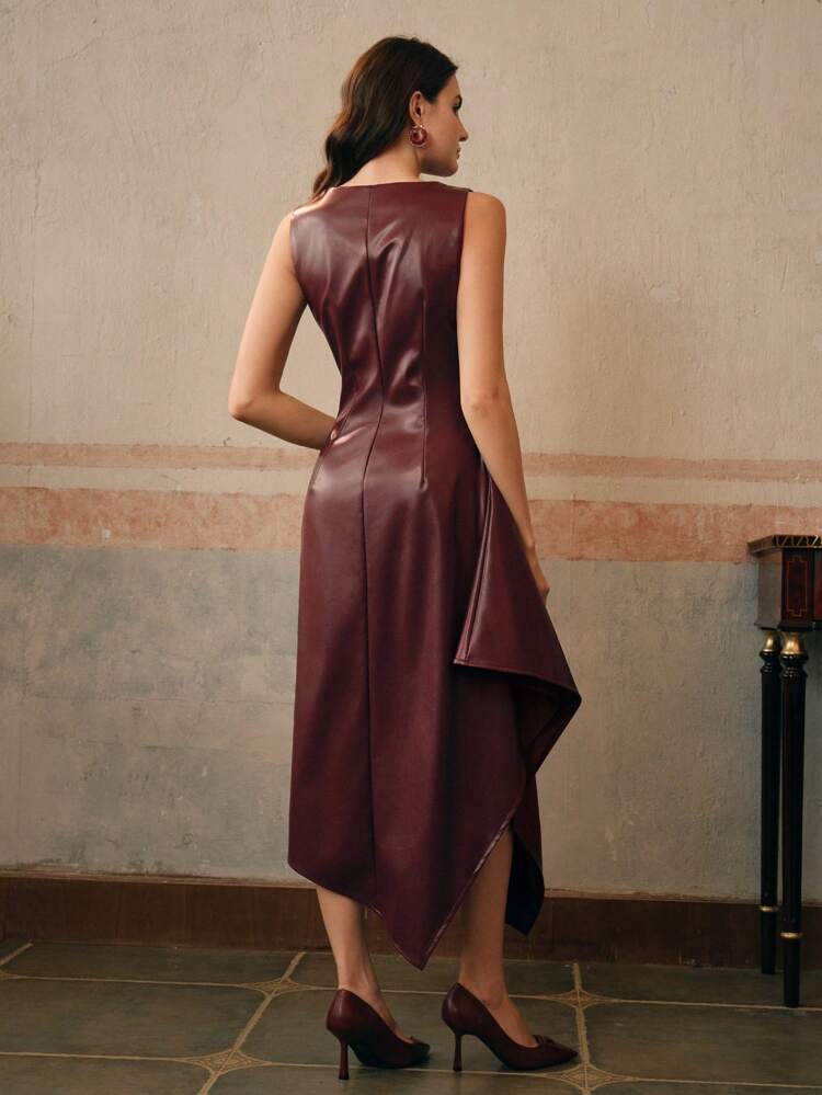 Stand Collar Long Sleeve 3D Floral Waist-Cinched Elegant City Burgundy Dress