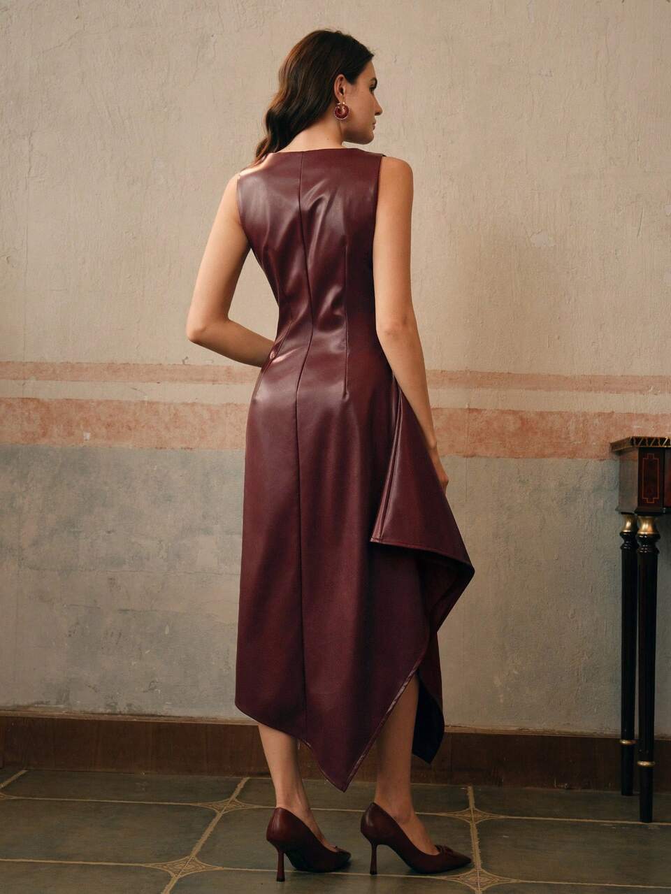 Stand Collar Long Sleeve 3D Floral Waist-Cinched Elegant City Burgundy Dress