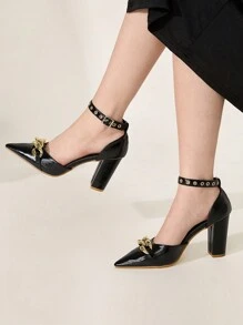 CUCCOO CHICEST Sandal Hak Tinggi Slip-On Moto Hitam dengan Gesper Lancip Gaya Punk untuk Wanita, Sepatu Musim Semi, Liburan Musim Semi, Paskah, dan Pesta Prom. - Hitam - View 4