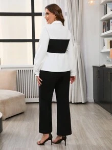 SHEIN Frenchy Conjunto de 2 piezas de blusa de manga larga con botones y pantalones de unicolor en tallas grandes - Negro - Ver 7