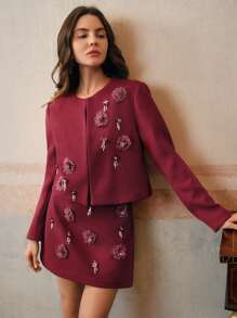 Anewsta 2 件套女士优雅手工花朵耳钉水钻仿珍珠，秋季 - 酒紅色 - 查看 3