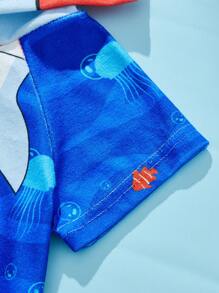 SHEIN 男婴可爱卡通鲨鱼图案连帽衫，海洋印花，适合夏季海滩度假和户外活动 - 藍色 - 查看 5