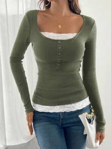 Pariaura Camiseta marrón de mujer con cuello redondo, parches de encaje y costilla desgastada, 2 en 1, para otoño/invierno - Verde militar - Ver 3