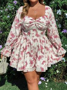 Flirla Elegant Floral Embroidery High Waist Shirred Jumpsuit With Short Sleeve, Romantic Vacation Style, Fabric With Floral Print - Multicolor - View 5