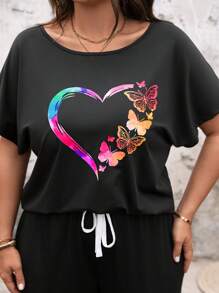 SHEIN LUNE 2pcs/Set Plus Size Heart,Rose Print Black Short Sleeve Top & Elastic Waist Pants,Summer Everyday Smart Casual Boho Lounge Outfits For Women - Black - View 1