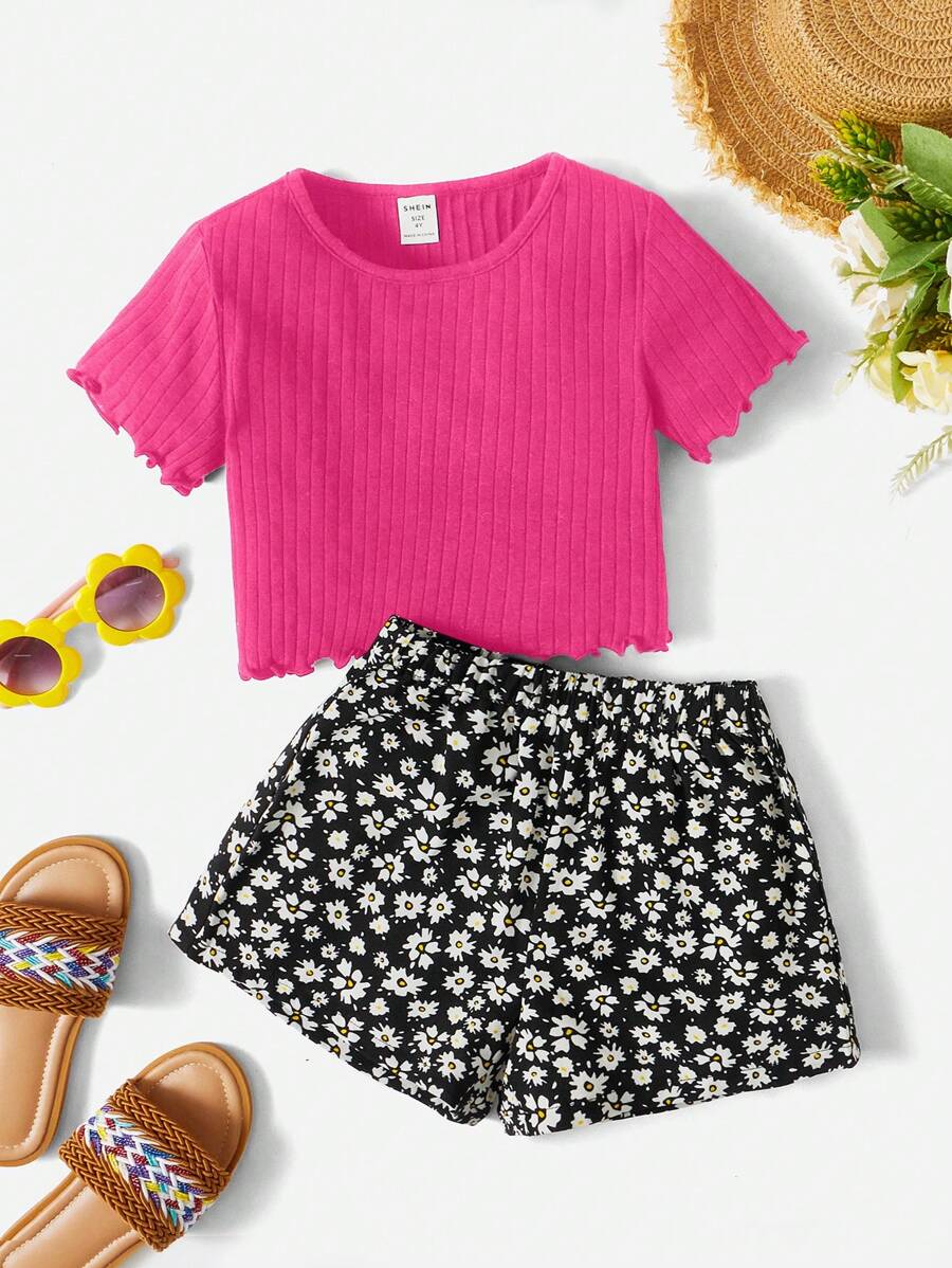 SHEIN Leap Crew Young Girl Fashion Versatile Elegant Round Neck Short Sleeve T-Shirt And Daisy Print Shorts Casual 2 Pieces Set - Hot Pink - View 1