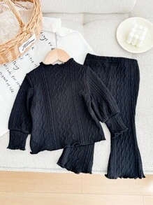 SHEIN 2pcs Baby Girl Apricot Wave Trim Long Sleeve Top & Elastic Waist Flare Pants Set, Autumn/Winter