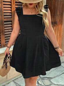 SHEIN VCAY Plus Size Women's Solid Color Tie Back Ruffle Hem Casual Dress - Black - View 2