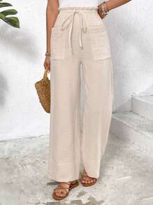 SHEIN Frenchy Women's Solid Color Cotton Frill Trim Waist Tie Utility Pocket Crepe Texture Casual Pants, Sweat-Absorbent And Breathable Spring, Summer Pants, For Daily Wear, French Holiday Winter - Apricot - View 6