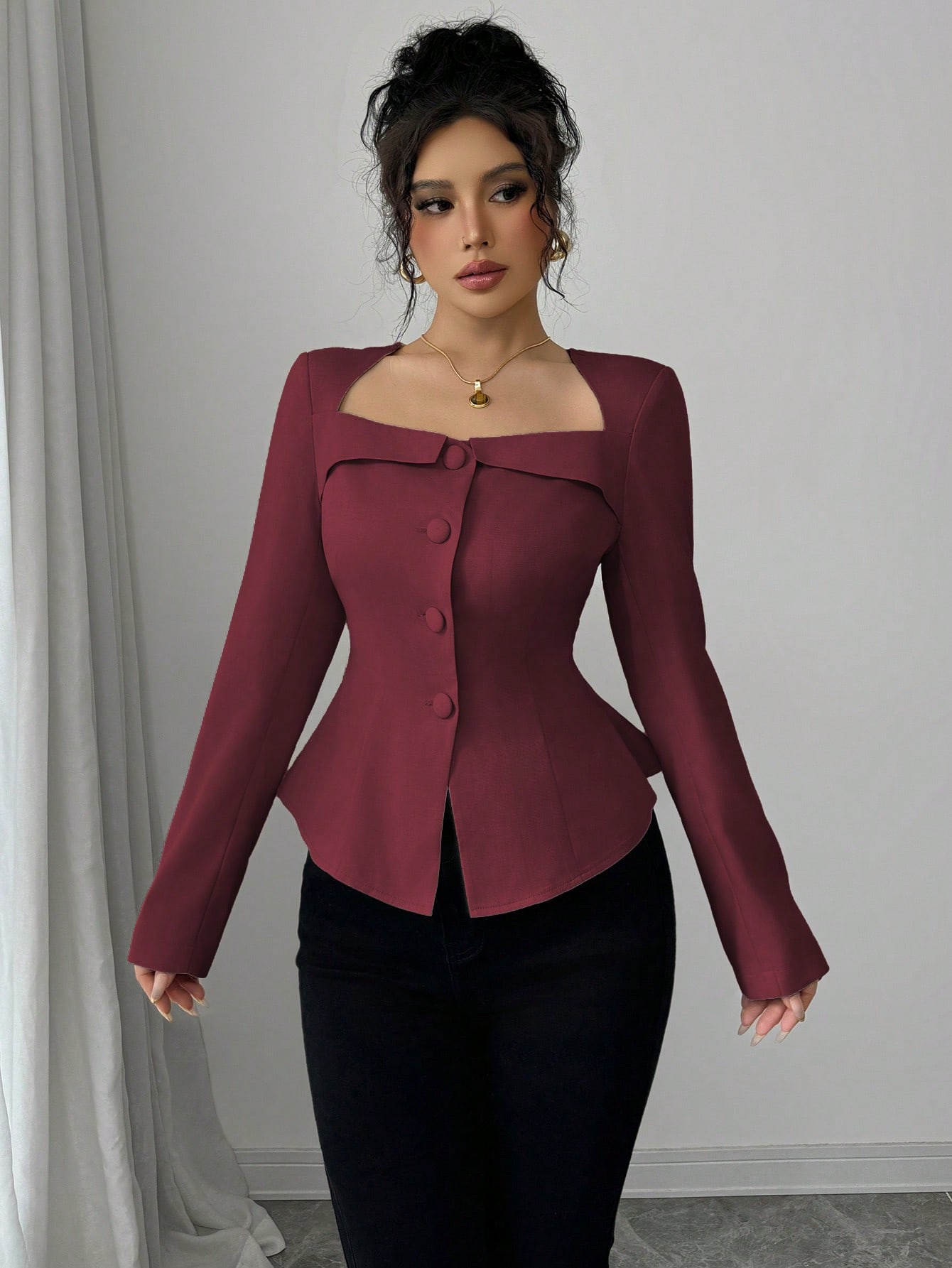 Elenzga قميص نسائي أنيق بياقة فرنسية شكل شبه منحرف، ياقة مربعة بأزرار أمامية، خصر مزين، قصة A الطويل