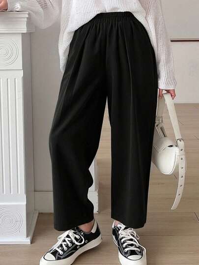 Dazy Petite Plus Elastic Waist Loose Harem Solid Color Casual Long Pants, All Season Fall
