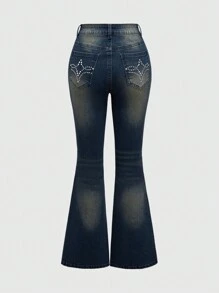 ROMWE Women Punk Retro Luxury Rhinestone Embellished Flared Denim Jeans - Blue - View 2