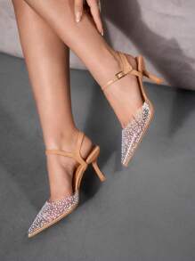 CUCCOO SZL Women's Pointed Toe High-Heel Fashionable Apricot Crystal Transparent Glass Stiletto High Heel Slingback Pumps Spring Shoes Spring Break Easter Prom Heels - Apricot - View 4