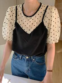 DAZY Women's Cute Polka Dot Patchwork Short Sleeve 2 In 1 Blouse