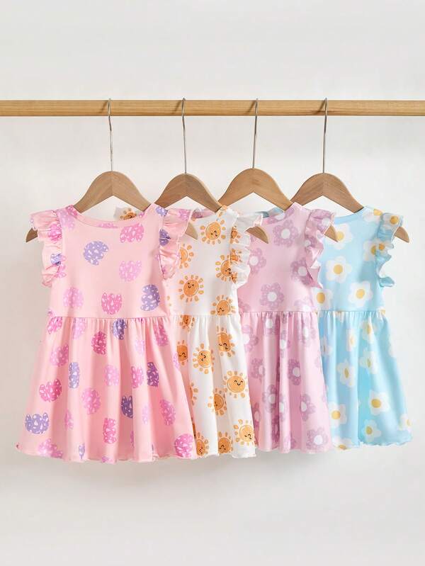 Set de 4 piezas/paquete de vestidos cortos de verano sin mangas con estampado floral para bebés/niñas pequeñas