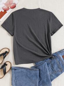 Teenage Girls New Casual Cat & Letter Printed Round Neck Short Sleeve T-Shirt, Lightweight Tee For Daily Wear, Charcoal Grey - Red - View 2