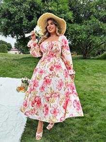 Flirla 甜美灯笼袖方领前束腰系带 A 字形荷叶边下摆花卉印花连衣裙，优雅