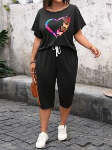 SHEIN LUNE 2pcs/Set Plus Size Heart,Rose Print Black Short Sleeve Top & Elastic Waist Pants,Summer Everyday Smart Casual Boho Lounge Outfits For Women - Black - View 2