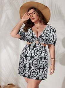 SHEIN VCAY Plus Size Boho Deep V-Neck High-Waist Cut Out Summer Dress - Black - View 3