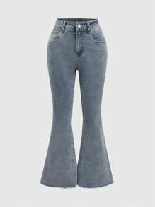 ROMWE Fairycore 女士蝴蝶珍珠刺绣喇叭牛仔裤 - 藍色 - 查看 2